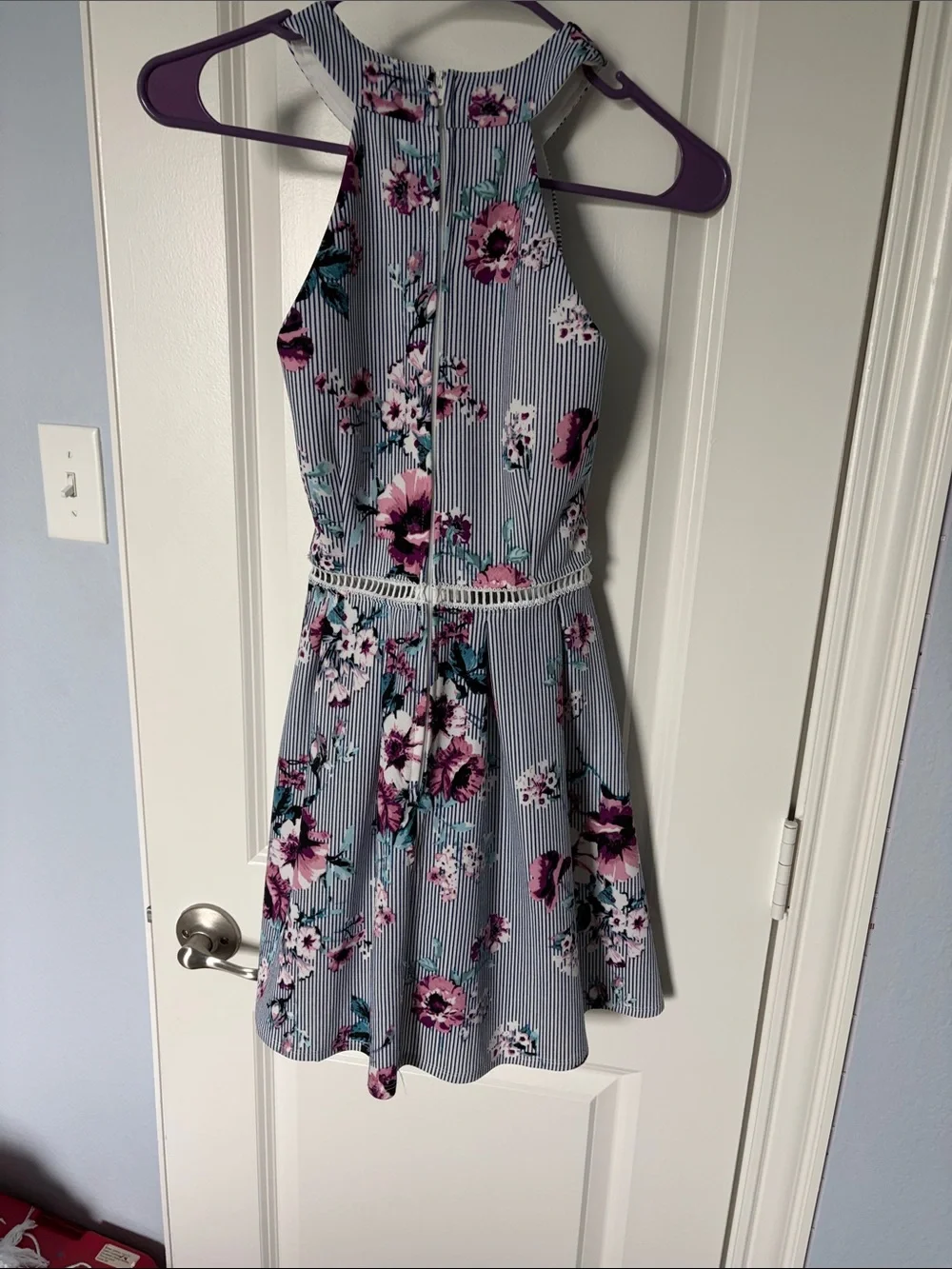 Crystal Doll Striped Halter Dress with Pink & Teal Floral Print